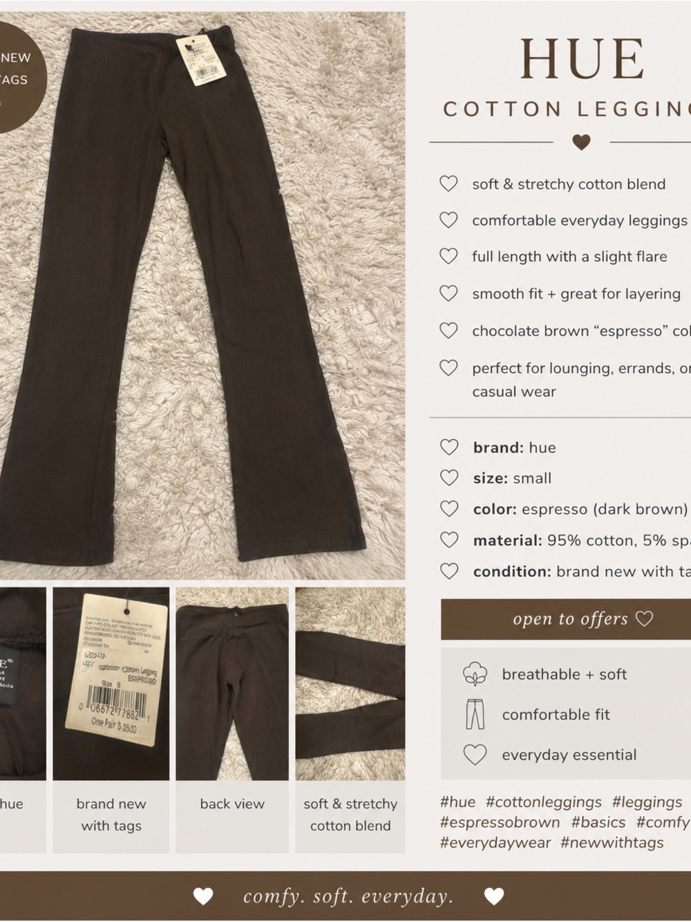 HUE Dark Brown Stretch Cotton Blend Leggings